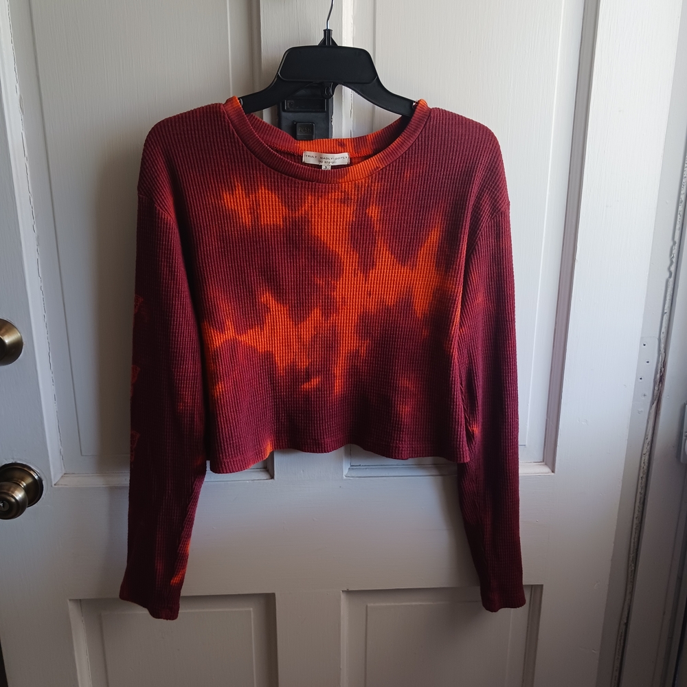 Truly Madly Deeply Red Orange Tie-Dye Cropped Waffle Knit Top Butterfly Sleeves - Picture 1 of 4